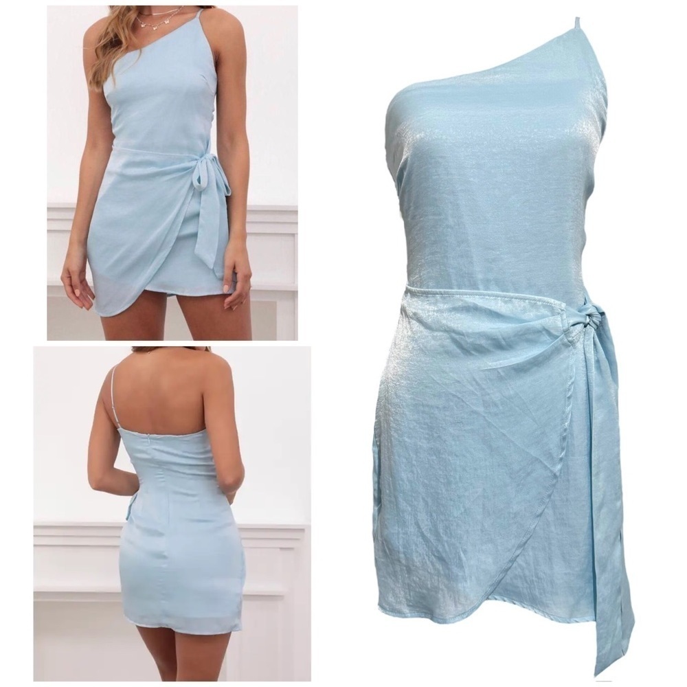 Lucy in the Sky Santorini Satin Wrap Mini Dress in Dusty Blue Size Small